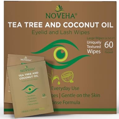 NOVEHA 60PCs Tea Tree & Coconut Oil Eyelid & Lash Wipes - For Demodex, Blepharitis & Itchy Eyes, Individually Wrapped Eyelash Wipes With Aloe Vera, Natural Makeup Remover & Daily Eye Cleanser