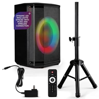 Pyle Portable Bluetooth Speaker with 8" Inch Woofer, TWS Function, Mic Input, USB/Micro SD/FM Radio, Colorful Ring Lights, 120W Rechargeable Battery, Tripod Stand, Hi-Fi Sound, Indoor/Outdoor Use
