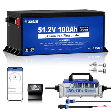 DC HOUSE Metal Case 48V 100Ah Pro Lithium Golf Cart Battery, 200A BMS Lifepo4 Battery with 48V 18A Charger, Bluetooth Mobile APP & LCD Monitor, Peak Current 700A