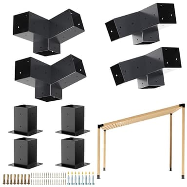 Grehitk Pergola Kit, Slanted Roof Pergola Bracket, 3-Way Brackets with Post Base Kit, Log Cabin Outdoor 4"x 4" (Actual 3.5" X 3.5") Lumber