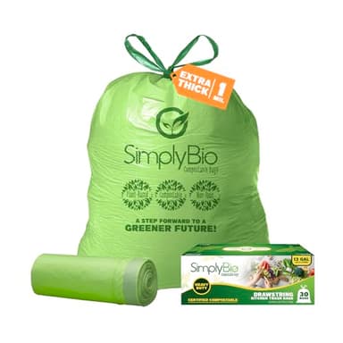Simply Bio 13 Gallon Compostable Trash Bags Liners Drawstring, Heavy Duty Extra Thick 1 Mil, 49.21 Liter, 30 Bags, Tall Kitchen Food Scrap Waste Bag, ASTM D6400, US BPI and OK Compost Home Certified