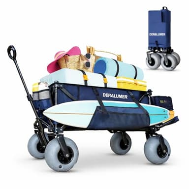Deralumer X900 Beach Wagon with 9×4" Big Balloon Wheels for Sand, 48" Heavy Duty Folding Wagon with Expandable Tailgate & Side Bag, Collapsible Utility Cart for Beach, Camping, Fishing (Navy Blue)