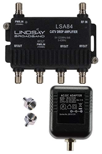 4-Port Cable TV/Antenna/HDTV/Internet Digital Signal Amplifier/Booster/Splitter with Passive Return, F59 Terminators (Lindsay LSA84)