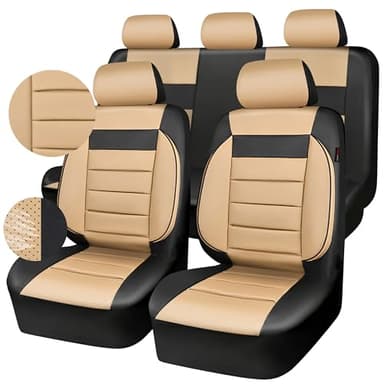 CAR PASS Leather Seat Covers Full Set Universal Water Resistant 3D Foam Back Support, Luxury Comfort Automotive 5 Seat Covers All Season Fit for SUV,Sedan,Van, Airbag Compatible Elegance(Beige Black)