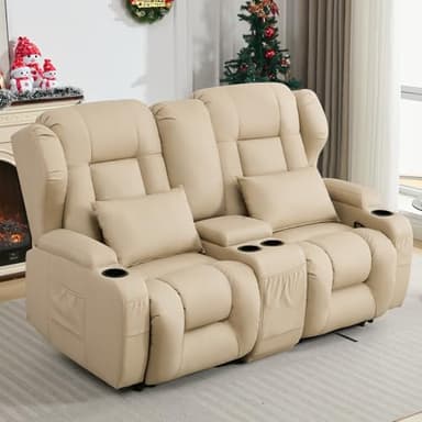 SAMERY 65.5" RV Loveseat Recliner Double Recliner RV Sofa & Console | Wall Hugger Loveseat Reclining RV | RV Theater Seats | RV Couch | RV Home Theater Seating Furniture (Fabric Beige)