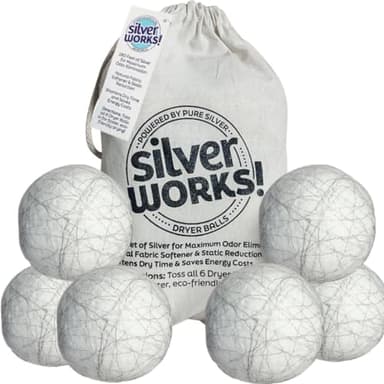 SilverWorks! Wool Dryer Balls Laundry Reusable - Odor Eliminating Dryer Laundry Balls with Silver Technology - Natural Fabric Softener and Static Reducer, Reduce Drying Time and Energy Costs - 6 Pack