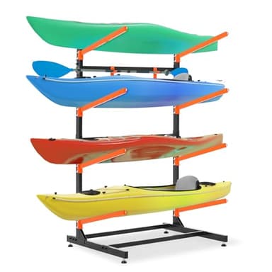 UOKRR 4 Kayak Storage Rack, Freestanding Kayak Racks for Garage, Heavy Duty Adjustable Kayak Stand Indoor Outdoor Storage Rack for Kayaks, Canoes, Surfboard & Paddleboard (4 Levels with paddle hook)