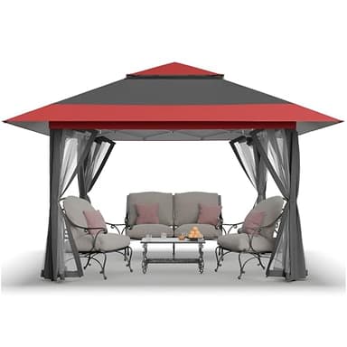 CROWN SHADES 13x13 Pop Up Gazebo, Canopy Tent, Gazebos on Clearance - Outdoor Gazebo for Backyard & Patio Furniture - Carpa Pop Up Tent with Wheeled STO-N-Go Cover Bag (Red & Grey)