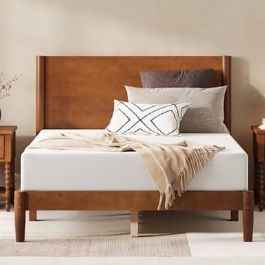 AMERLIFE Solid Wood Full Size Bed Frame, Mid Century Modern Platform Bed with Full Panel Headboard, Noise-Free & Cylindrical Legs, No Box Spring Needed, Under-Bed Storage, Brown Walnut