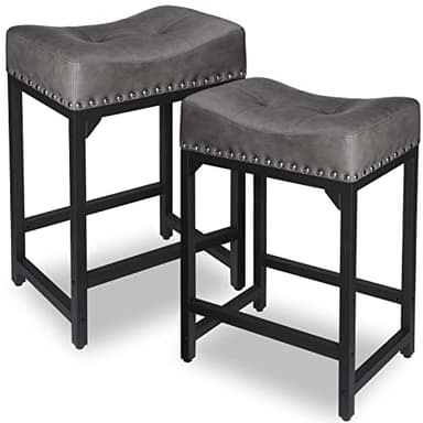Counter Height Bar Stools Set of 2, Bar Stools for Kitchen Counter, 24 Inch Counter Stools Saddle Barstools with Metal Base for Pub, Bar, Kitchen Dining Room(Grey)