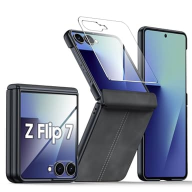 BSNRM for Samsung Galaxy Z Flip 7 Case with Hinge Protection & Built-in Screen Protector, Ultra Thin Stylish Leather Matte PC Durable Shockproof Cover Phone Case for Galaxy Z Flip 7-Black Gray