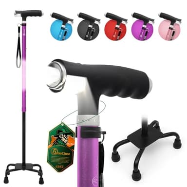 BeneCane Quad Cane Walking Cane with Two Led Lights with Big Base T Handle＆Lightweight Adjustable Walking Stick Four Pronged Sturdy for Men and Women(Purple)
