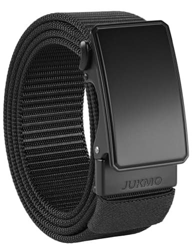 JUKMO Men's 1.5" Nylon Ratchet Belt, Casual Web Click Tactical Belt with Slide Buckle for Jeans, No Holes Adjustable Trim to Fit(Black,Medium)