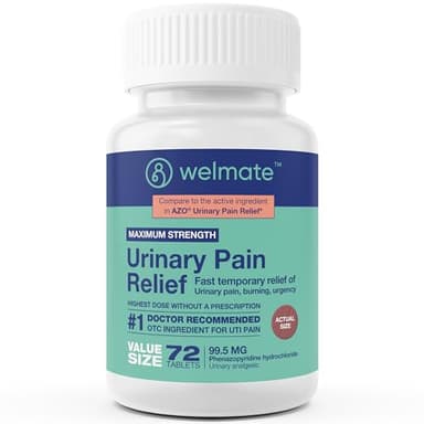 WELMATE Urinary Pain UTI Relief Maximum Strength (Phenazopyridine HCL) - Improve Urinary Tract Health & Bladder Control, Urgency, & Discomfort | Over-The-Counter Medication for Men & Women (72 Pills)