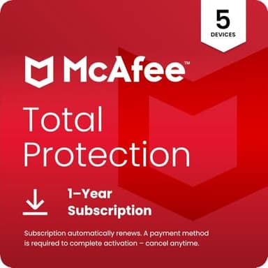 McAfee Total Protection 5-Device | AntiVirus Software 2026 for Windows PC & Mac, AI Scam Detection, VPN, Password Manager, Identity Monitoring | 1-Year Subscription with Auto-Renewal | Download