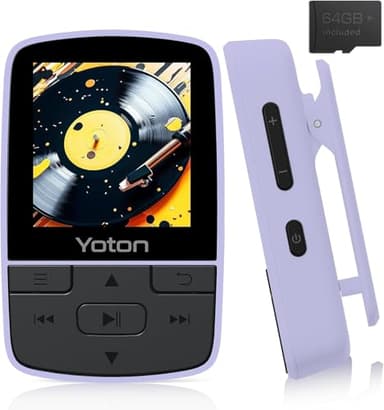 Yoton MP3 Player with Bluetooth 5.2, 64GB Storage, Mini Size, HiFi Music, with Sports Clip, Independent Volume Control, FM Radio, Includes Headphones (Purple)