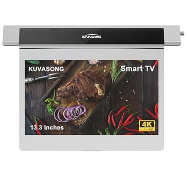 KUVASONG 13.3 Inches Flip Down Smart Kitchen TV, 4K Resolution, Full Viewing Angle Under Cabinet Kitchen TV, Silver Color (KVS133KT-S, 2024 Model)