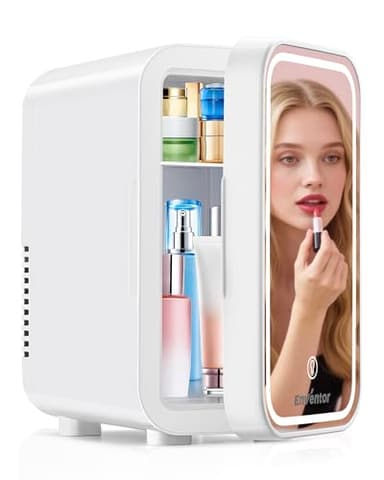 Enventor Mini Skincare Fridge Small Refrigerator for Bedroom, Beauty Fridge for Makeup with Dimmable LED Mirror, 6 L / 8 Cans Compact Portable Cooler for College Dorm, Office, Car, White