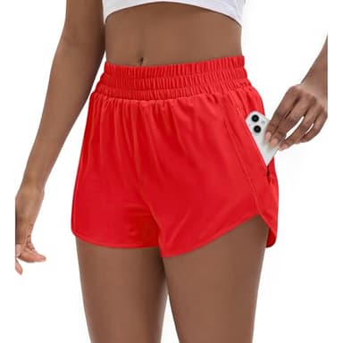 SAFWAK Women's 3" High Waisted Running Shorts Quick Dry Dolphin Sporty Athletic Gym Track Shorts for Women with Zipper Pocket Red, XL