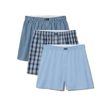 Tommy John Men's Woven Boxer Short Underwear, 3-Pack, Cerulean/Dress Blues Plaid/Cerulean Stripe, L