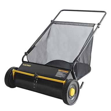 EAGWON Push Lawn Sweeper, 26-Inch Width, 7 Cu. Ft. Hopper Capacity, 4 Spinning Brushes, Adjustable Height, Durable Steel Frame with Rubber Wheels,Yellow&Black