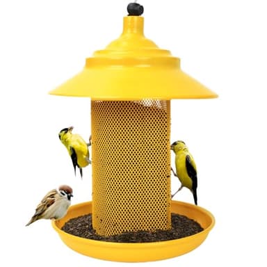 Finch Feeder - All-Metal Squirrel Proof Thistle Nyjer Seed Bird Feeder for Outdoors, 2.5LB Capacity, Powder-Coated Rust Resistant Mesh Design for Goldfinches & Small Birds Yellow