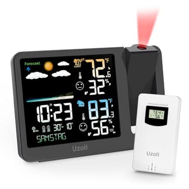 uzoli Projection Alarm Clock Weather Station, WWVB Atomic Projector Clock with Sensor, Adjustable Backlight, Indoor Outdoor Temperature Humidity, Digital Projection Clock for Bedroom Ceiling
