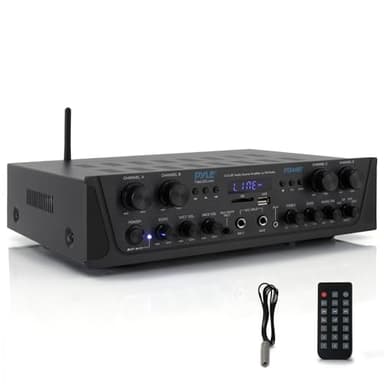 Pyle 4-Channel Audio Amplifier with Bluetooth - Home Stereo Receiver w/ 500W Max Power - Commercial or Karaoke - Dual Mic Input with Echo, Vol, Talk-Over - AUX In - Sub Out - USB-A MP3 Player, AM/FM