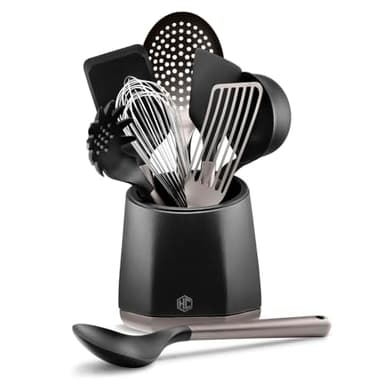 HexClad 9-Piece Kitchen Utensil Set, 9 Stainless Steel & Silicone Tools with a Fingerprint-Resistant Metallic Finish, Heat-Resistant to 450°F, Dishwasher-Safe, Includes Non-Slip Ceramic Crock Holder