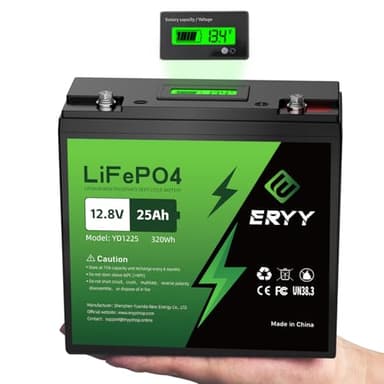 ERYY LiFePO4 Lithium Battery 12V 25AH(30Ah) 384Wh, Built-in 30A BMS & LCD Voltmeter, 5000+ Deep Cycles Rechargeable Lithium Iron Phosphate Battery Perfect for RVs, Trolling Motor, Camping Gear, Solar