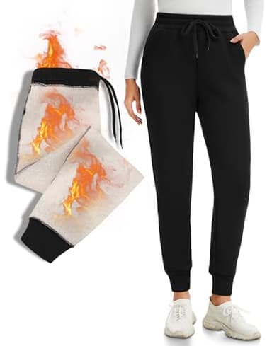 NEW YOUNG Women's Fleece Lined Joggers for Warmth High Waisted Thermal Sweatpants with Pockets for Cold Weather & Hiking Black