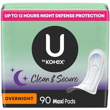 U by Kotex Clean & Secure Overnight Maxi Pads, 90 Count (3 Packs of 30) (Packaging May Vary)