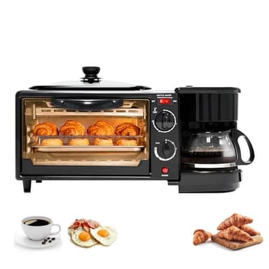 3-In-1 Breakfast Station, Portable Breakfast Maker with Non-Stick Griddle, Coffee Maker, and 4-Slice Toaster Oven, Cooking Gadgets for Bread Toast Coffee Egg Sandwich Bacon Sausages, Black
