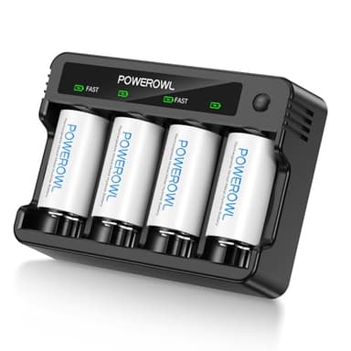 POWEROWL Rechargeable D Batteries with 4 Bay Battery Charger, USB Quick Charging, for AA AAA C D Ni-MH Ni-CD Rechargeable Batteries -4 Count