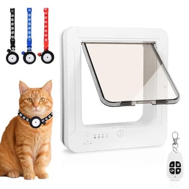 Smart Cat Door for Interior & Exterior, Flap Opening is 7.67’’ (H) by 7'' (W), RFID Cat Pet Door with 3 RFID Collar Sensor Keys & 1 Remote & 4 Way Locking Cat Flap, Automatic Opening Cat Door ﻿(White)