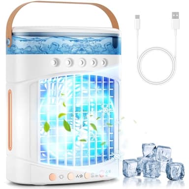 Portable Air Conditioners Parts Fans, 4-in-1 Portable Air Cooler Fan with 700mL Tank, 2 Speeds & 7-Color LED Lights - Mini Evaporative AC Unit for Camping, Office, Bedroom, Car