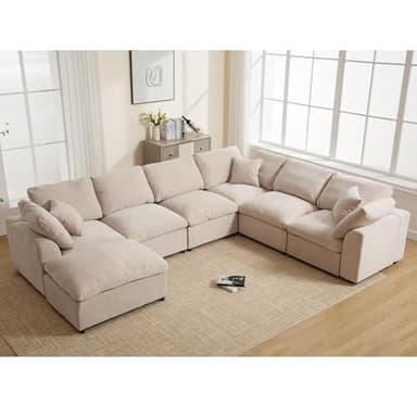 Tmsan 129.3" Oversized Modular Sectional Sofa, U Shaped Couch with Movable Ottoman, Large 7 Seat Corner Couches for Living Room, Spacious Space, Beige