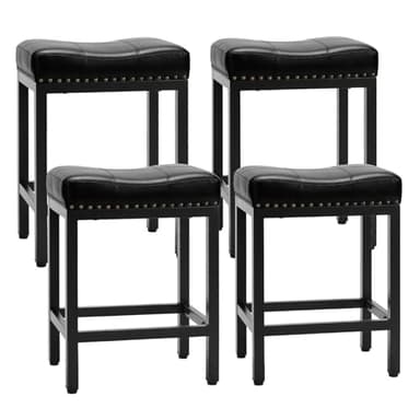 Sweetcrispy Bar Stools Set of 4, 24 Inch Counter Height Stools, PU Leather Upholstered Bar Chairs with Footrest, Modern Bar Stools for Kitchen Island, Dining, Living Room, Black