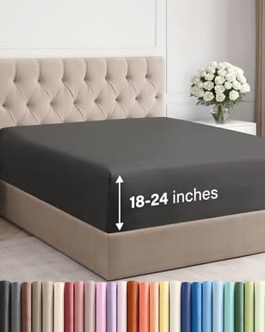 Extra Deep Queen Fitted Sheet - Hotel Luxury Single Fitted Sheet Only - Easily Fits 18 inch to 24 inch Mattress - Ultra Soft, Wrinkle & Fade Free w/Extra Deep Pockets - Breathable & Comfy - Charcoal