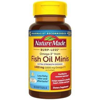 Nature Made Extra Strength Burp Less Fish Oil Omega 3 Supplements 1400 mg Minis, Omega 3 Fish Oil as Ethyl Esters for Healthy Heart Brain Eyes Support, 60 Softgels, 30 Day Supply