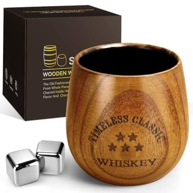 SALUNA Wooden Whiskey Glass Set - Charred Wooden Bourbon Drinking Glass, Whisky Glasses Bourbon Gifts for Men, Dad or Brother on Birthday Christmas Anniversary Retirement 10 OZ