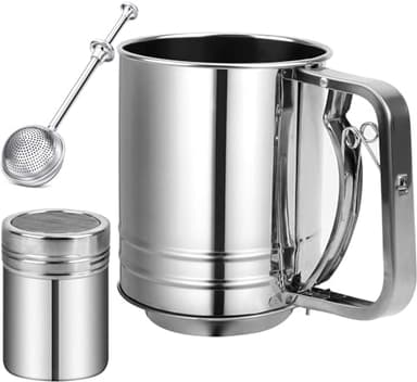 Flour Sifter Stainless Steel,5 Cup Flour Sifter for Baking,3 in1 Sifter for Baking with Powdered Sugar Shaker Duster, Flour Shaker Duster for Baking Cakes, Pastries, Pies, Cupcakes and Desserts