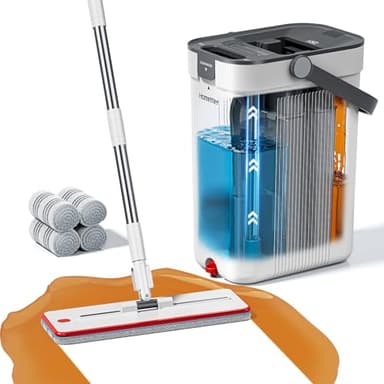 HoMettler Mop and Bucket Set, 3-Tank Flat Mop and Bucket System for Separate Dirty & Clean Water, 65" Mops for Floor Cleaning with 4 Washable Pads, Safe for Hardwood, Vinyl, Tile, Baseboards, Walls