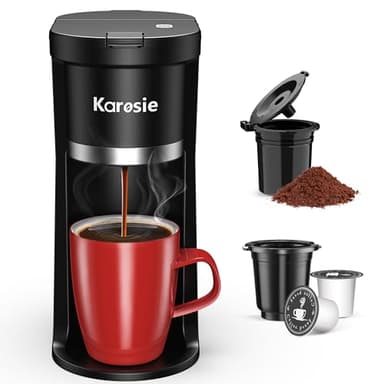 Karosie Small Single Serve Coffee Maker, Fast Brew for K-Cup & Ground Coffee, 6-12 Oz Brew Sizes, One-Button Single Cup Coffee Maker, Coffee Machine with Descaling Reminder