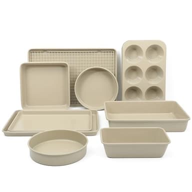 Martha Stewart Gallen 10 Piece Baking Pans Ceramic PFA Free Non Toxic Non Stick Bakeware Set - Taupe