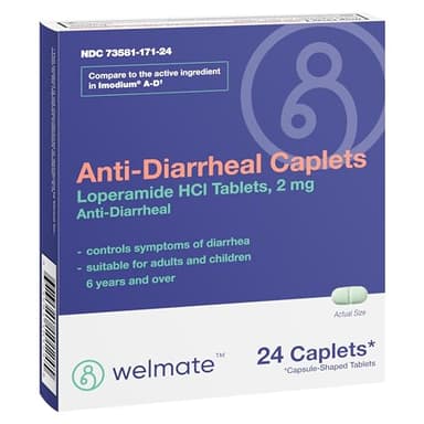 WELMATE - Anti-Diarrheal Caplets (24 Caplets) - Loperamide HCL 2 mg - Diarrhea Symptom Relief - Upset Stomach Reliever - Anti Diarrhea Pills - Over-The-Counter Medication
