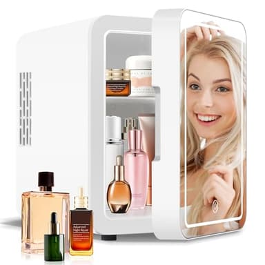 NISHCON Portable Mini Fridge for Skincare Beauty Cosmetic Makeup, 4-Liter Thermoelectric Cooling and Warming Skin Care Refrigerator With Mirrored Door and Dimmable LED Light, White