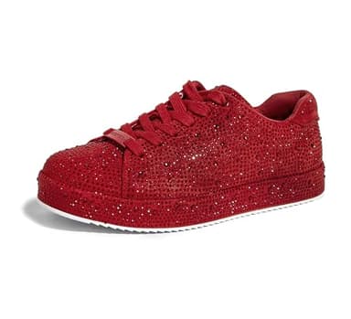 LUCKY STEP Rhinestone Fashion Sneakers | Sparkly Bling Wedding Bridal Shiny Shoes for Women(Red Rhinestone,8.5 B(M) US)