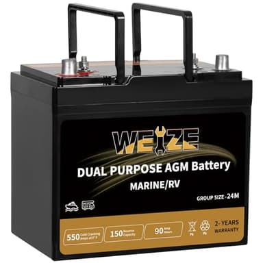 Weize Dual Purpose AGM Battery BCI Group 24M, Starter & Deep Cycle 150RC 550CCA 12V 90AH Sealed Marine & RV Battery