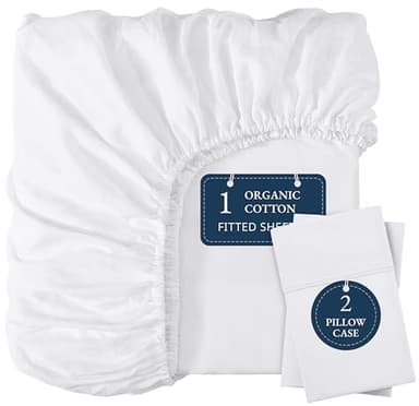LANE LINEN 100% Organic Cotton Fitted Sheet Queen, 15" Deep Pocket Snug Fit Fully Elasticized Naturally Temperature Regulating Soft & Comfy Deep Pocket Queen Fitted Sheet -White (+Pillowcases)